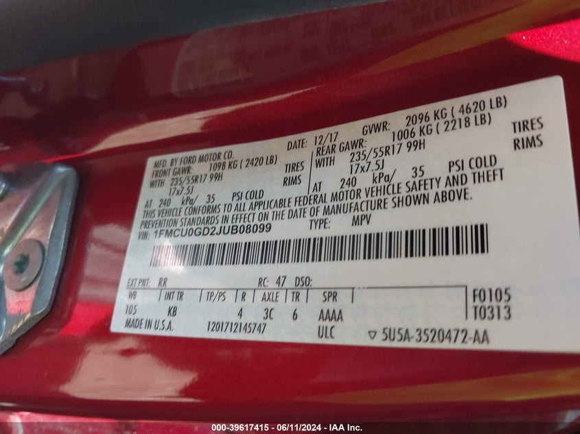 2018 Ford Escape Se VIN: 1FMCU0GD2JUB08099 Lot: 39617415