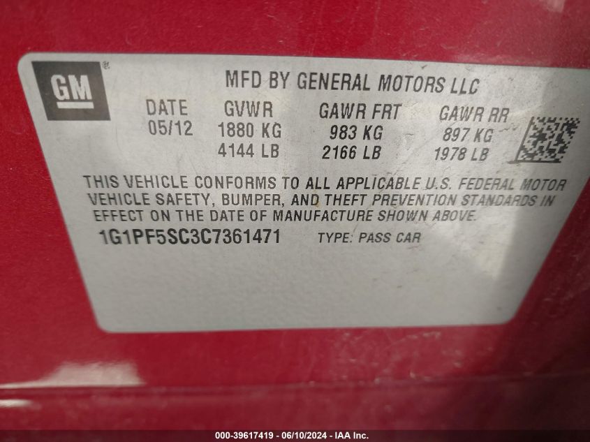 2012 Chevrolet Cruze 1Lt VIN: 1G1PF5SC3C7361471 Lot: 39617419