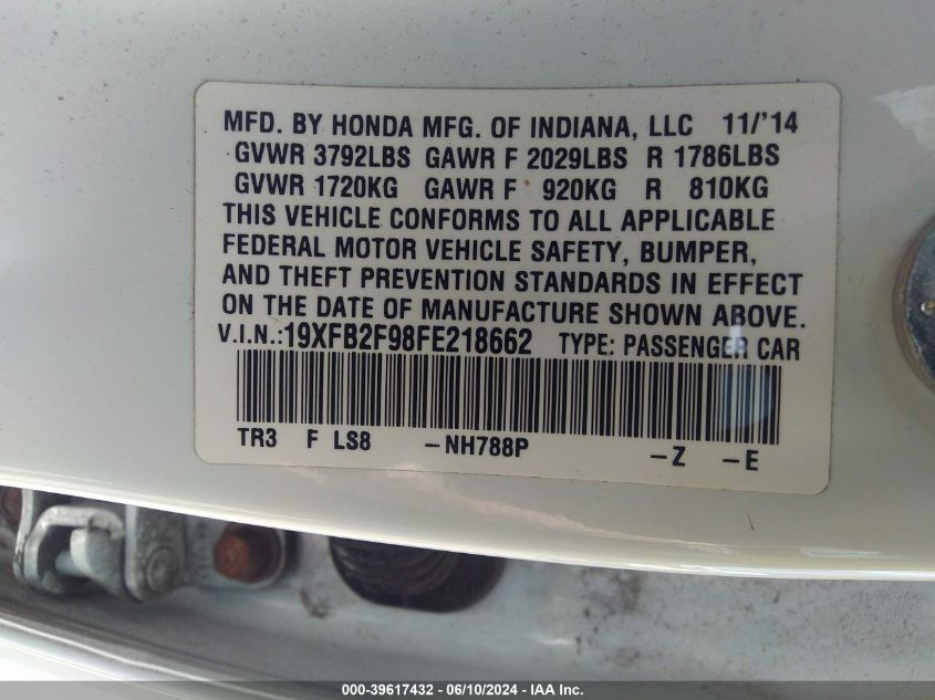 19XFB2F98FE218662 | 2015 HONDA CIVIC