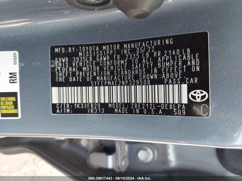 2022 TOYOTA COROLLA 1.8L I-4 DOHC, VVT, (VIN: 5YFEPMAE2NP329508
