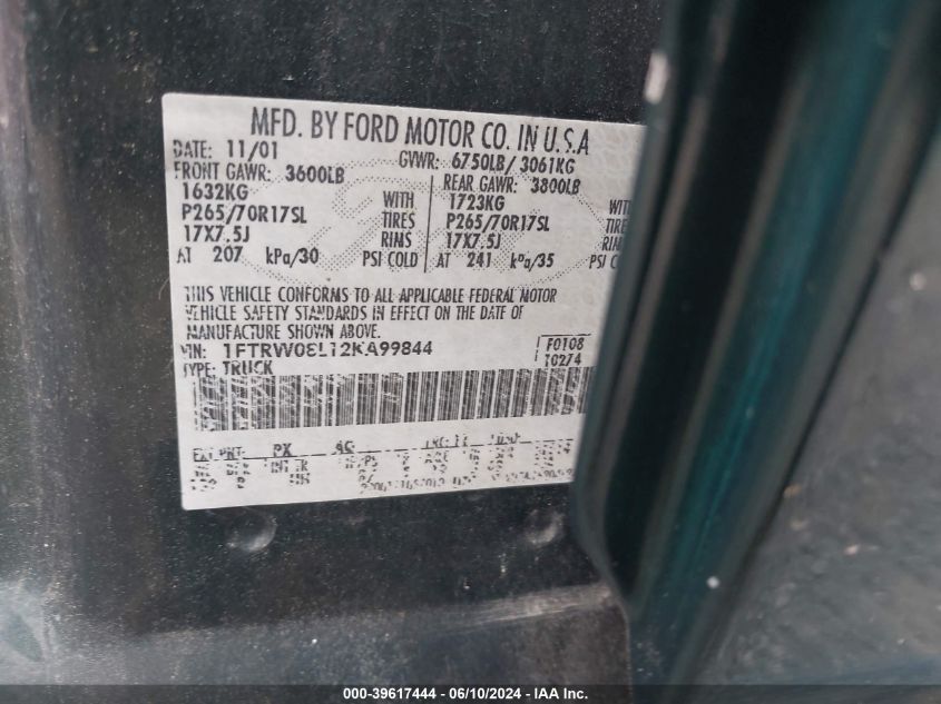 2002 Ford F-150 Lariat/Xlt VIN: 1FTRW08L12KA99844 Lot: 39617444