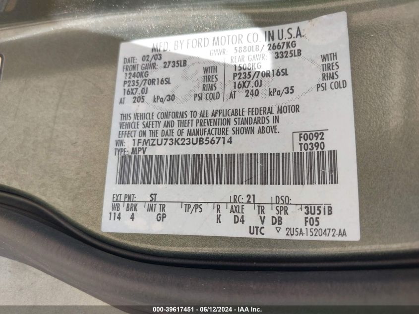 2003 Ford Explorer Nbx/Xlt VIN: 1FMZU73K23UB56714 Lot: 39617451