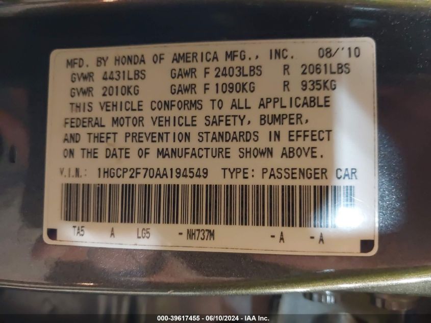 2010 Honda Accord 2.4 Ex VIN: 1HGCP2F70AA194549 Lot: 39617455