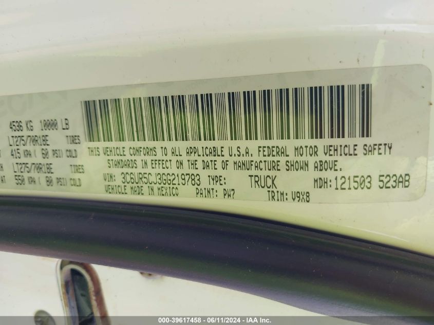 2016 Ram 2500 Tradesman VIN: 3C6UR5CJ3GG219783 Lot: 39617458