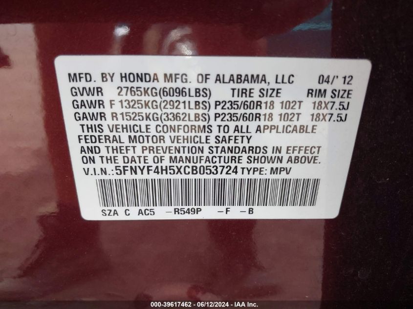 2012 Honda Pilot Ex-L VIN: 5FNYF4H5XCB053724 Lot: 39617462