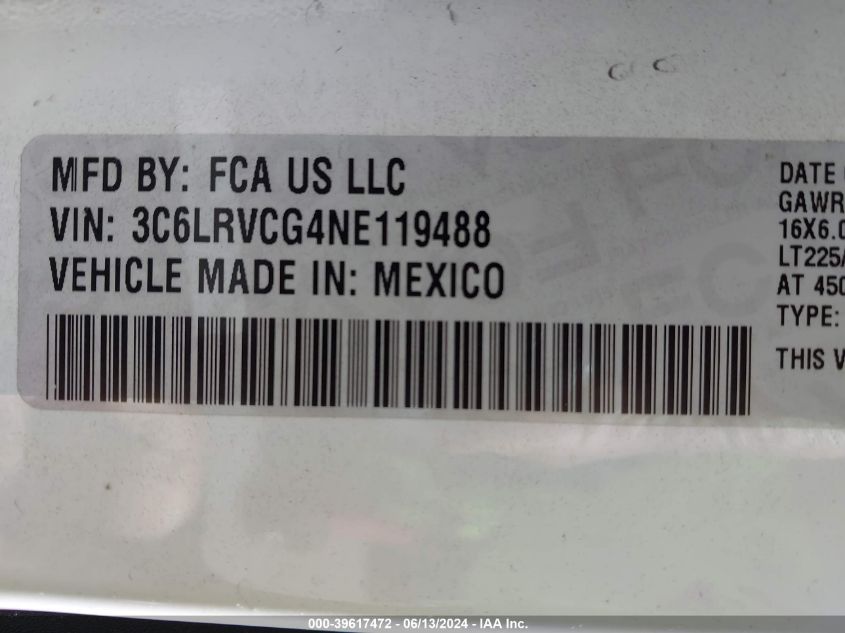 2022 Ram Promaster 2500 High Roof 136 Wb VIN: 3C6LRVCG4NE119488 Lot: 39617472