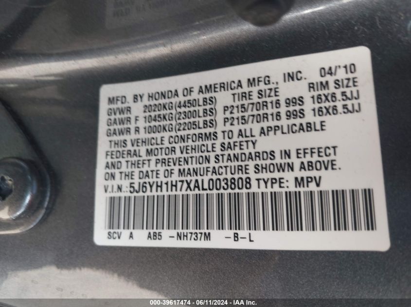2010 Honda Element Ex VIN: 5J6YH1H7XAL003808 Lot: 39617474