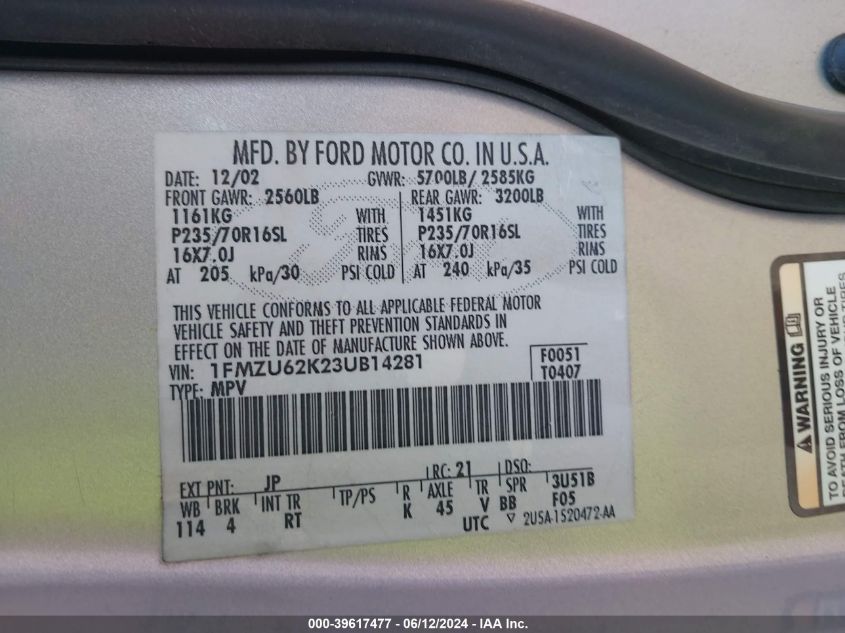 2003 Ford Explorer Xls VIN: 1FMZU62K23UB14281 Lot: 39617477