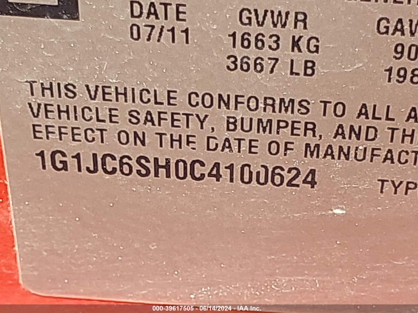 2012 Chevrolet Sonic 2Lt VIN: 1G1JC6SH0C4100624 Lot: 39617505