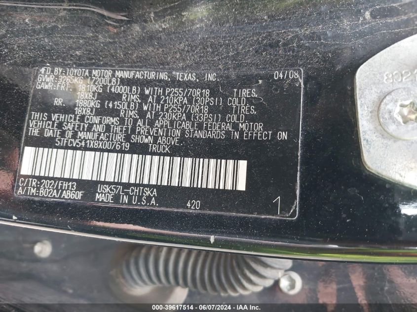 2008 Toyota Tundra Base 5.7L V8 VIN: 5TFCV541X8X007619 Lot: 39617514