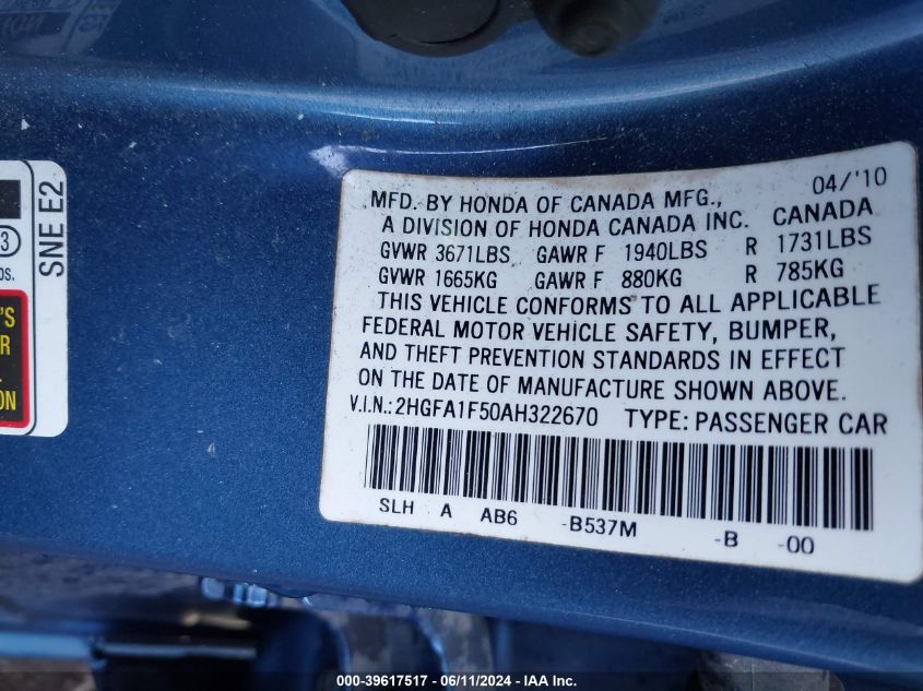 2010 Honda Civic Lx VIN: 2HGFA1F50AH322670 Lot: 39617517