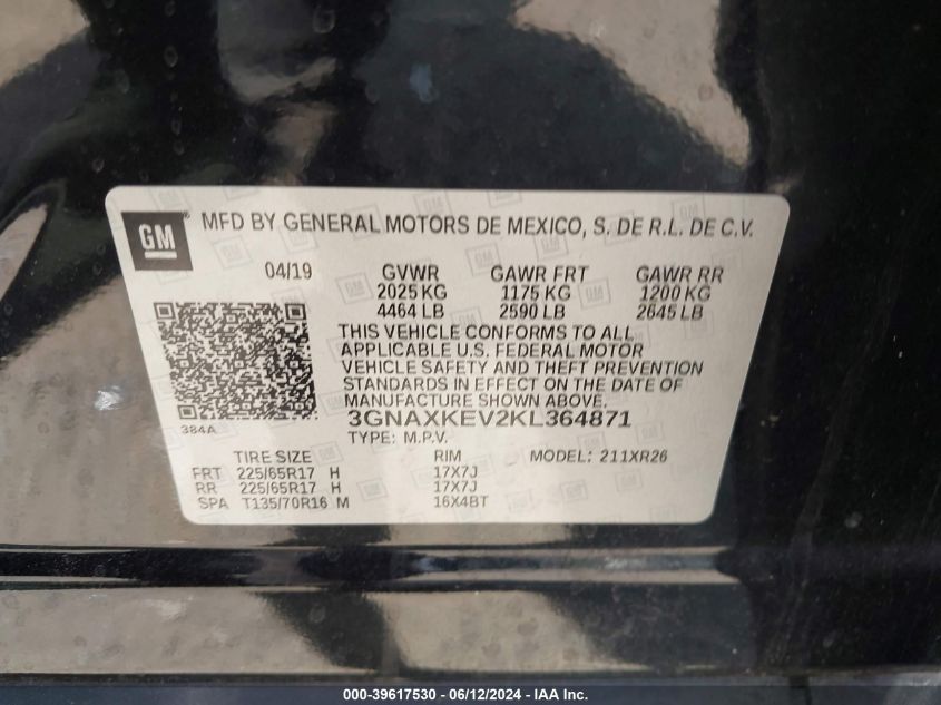 2019 Chevrolet Equinox Lt VIN: 3GNAXKEV2KL364871 Lot: 39617530