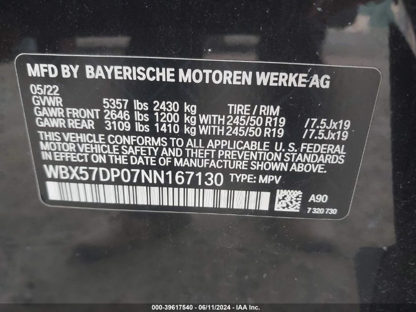 2022 BMW X3 xDrive30I VIN: WBX57DP07NN167130 Lot: 39617540
