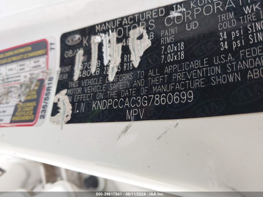2016 Kia Sportage Ex VIN: KNDPCCAC3G7860699 Lot: 39617541