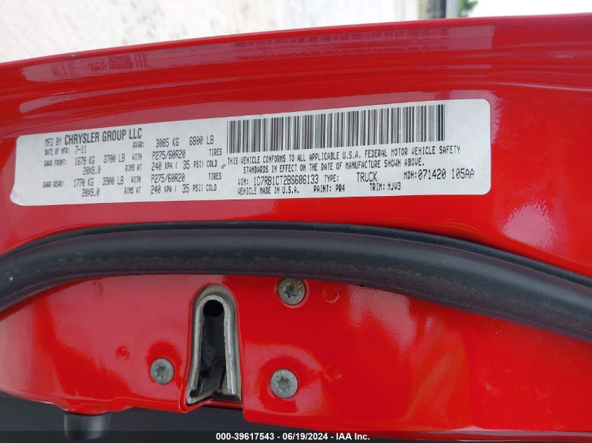 2011 Ram Ram 1500 Slt VIN: 1D7RB1CT2BS686133 Lot: 39617543