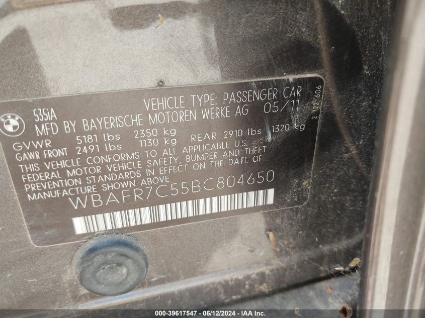 2011 BMW 535I VIN: WBAFR7C55BC804650 Lot: 39617547