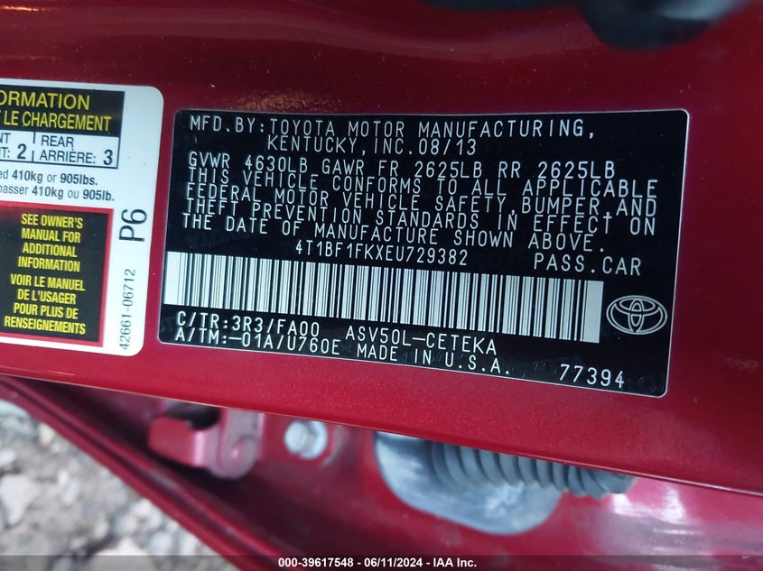 2014 Toyota Camry L VIN: 4T1BF1FKXEU729382 Lot: 39617548