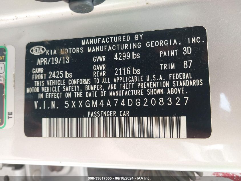 2013 Kia Optima Lx VIN: 5XXGM4A74DG208327 Lot: 39617555