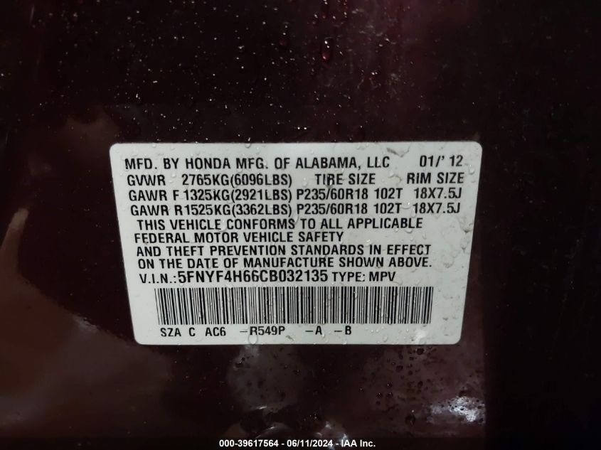 2012 Honda Pilot Ex-L VIN: 5FNYF4H66CB032135 Lot: 39617564