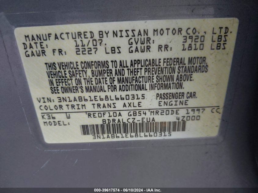 2008 Nissan Sentra 2.0 VIN: 3N1AB61E68L660315 Lot: 39617574