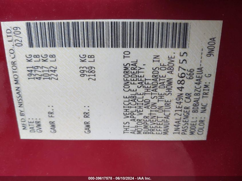 2009 Nissan Altima 2.5 S VIN: 1N4AL21E49N486755 Lot: 39617578