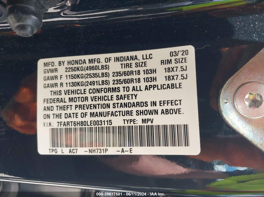 VIN 7FART6H80LE003115 2020 HONDA CR-V EXL