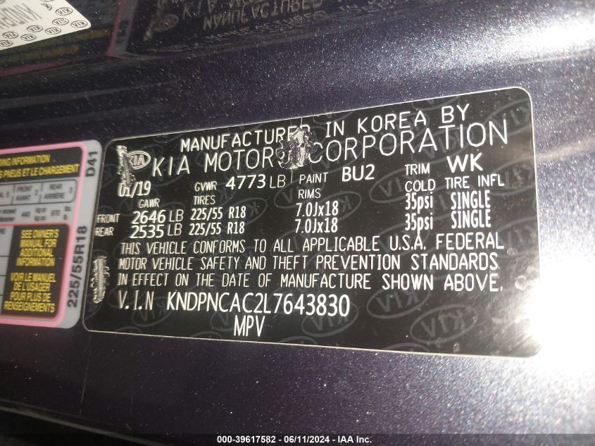 2020 Kia Sportage Ex VIN: KNDPNCAC2L7643830 Lot: 39617582