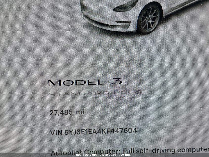 2019 Tesla Model 3 Long Range/Mid Range/Standard Range/Standard Range Plus VIN: 5YJ3E1EA4KF447604 Lot: 39617594