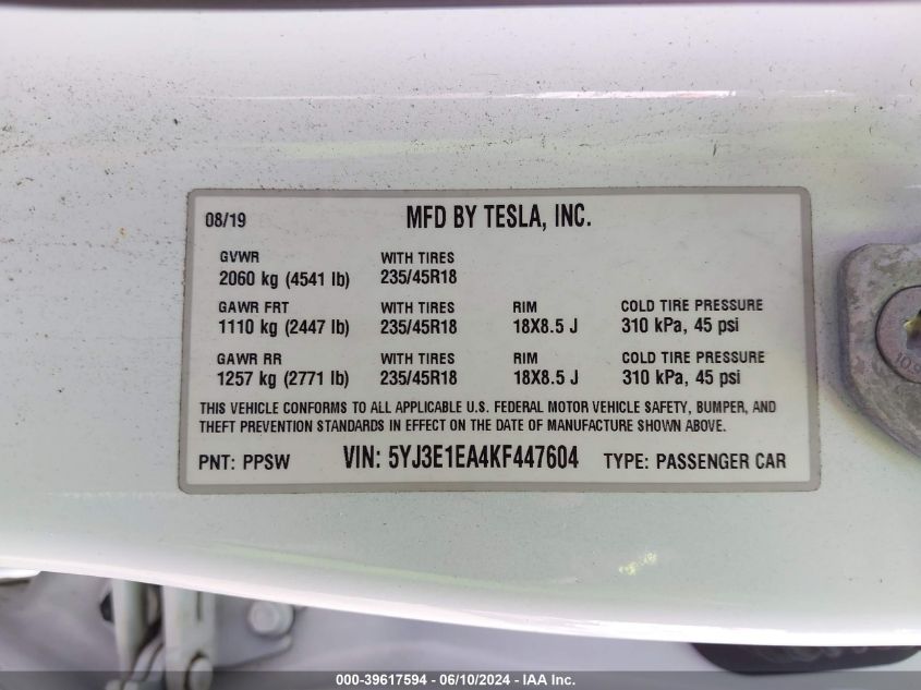 2019 Tesla Model 3 Long Range/Mid Range/Standard Range/Standard Range Plus VIN: 5YJ3E1EA4KF447604 Lot: 39617594