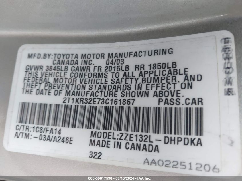 2003 Toyota Matrix Standard VIN: 2T1KR32E73C161867 Lot: 39617598