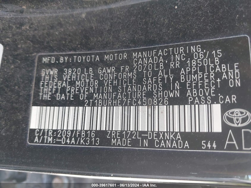 2015 Toyota Corolla Le VIN: 2T1BURHE7FC450826 Lot: 39617601