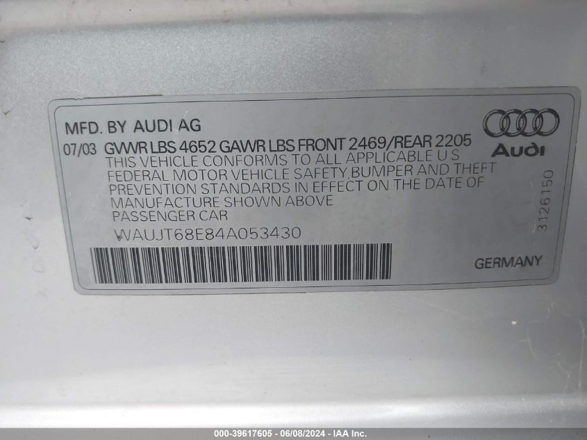 2004 Audi A4 3.0 VIN: WAUJT68E84A053430 Lot: 39617605