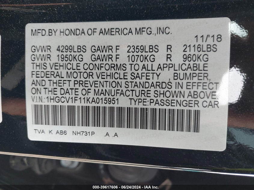 VIN 1HGCV1F11KA015951 2019 HONDA ACCORD LX