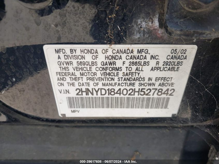 2002 Acura Mdx VIN: 2HNYD18402H527842 Lot: 39617608