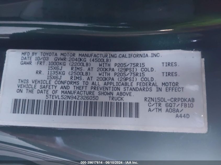 2004 Toyota Tacoma VIN: 5TEVL52N94Z326050 Lot: 39617614