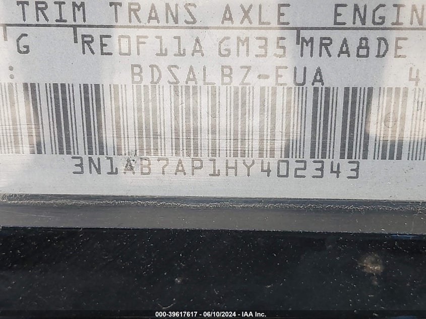 2017 Nissan Sentra S VIN: 3N1AB7AP1HY402343 Lot: 39617617