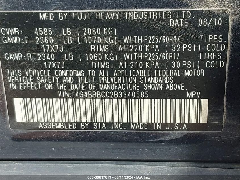 2011 Subaru Outback 2.5I Premium VIN: 4S4BRBCC2B3340585 Lot: 39617619