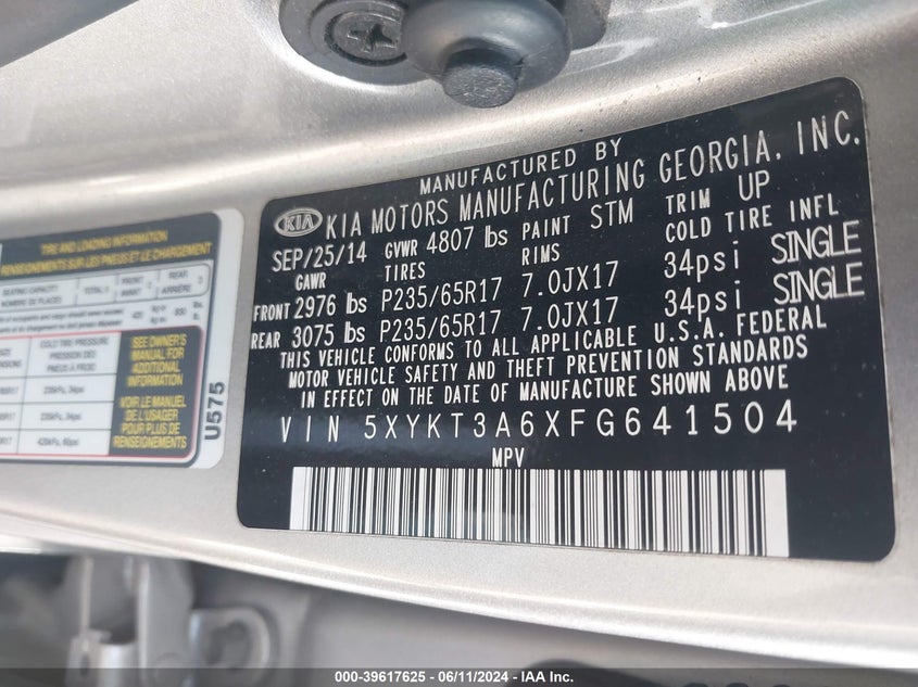 2015 Kia Sorento Lx VIN: 5XYKT3A6XFG641504 Lot: 39617625