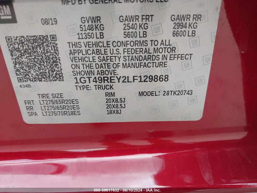 2020 GMC Sierra 2500Hd VIN: 1GT49REY2LF129868 Lot: 39617632