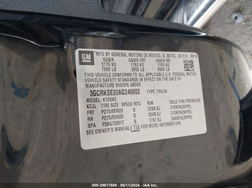 2010 Chevrolet Silverado 1500 Lt VIN: 3GCRKSE30AG249802 Lot: 39617669