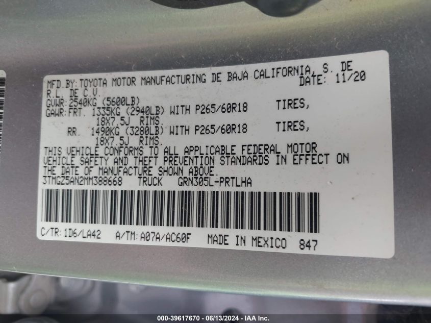 2021 Toyota Tacoma Limited VIN: 3TMGZ5AN2MM388668 Lot: 39617670