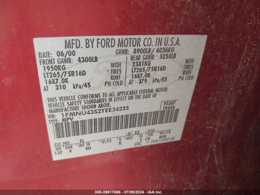 2000 Ford Excursion Limited VIN: 1FMNU4352YEE34235 Lot: 39617686