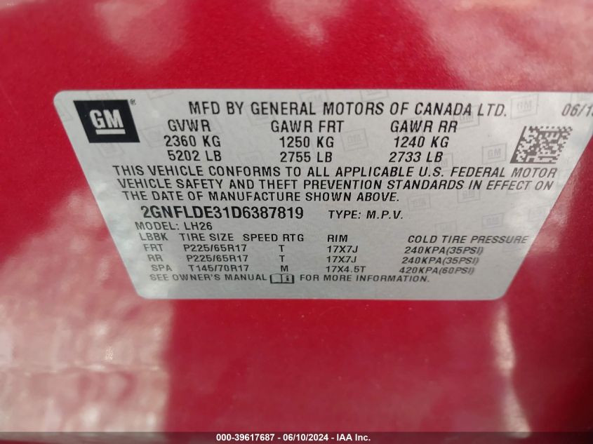 2013 Chevrolet Equinox 1Lt VIN: 2GNFLDE31D6387819 Lot: 39617687