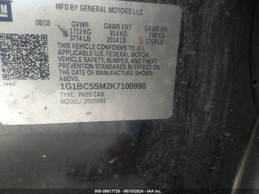 2019 Chevrolet Cruze Ls VIN: 1G1BC5SM2K7100990 Lot: 39617720