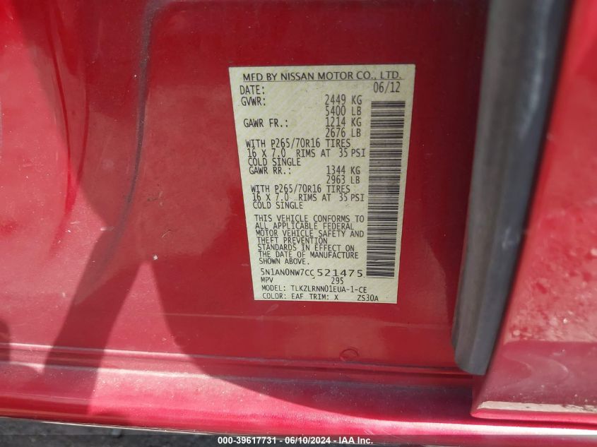 2012 Nissan Xterra S VIN: 5N1AN0NW7CC521475 Lot: 39617731