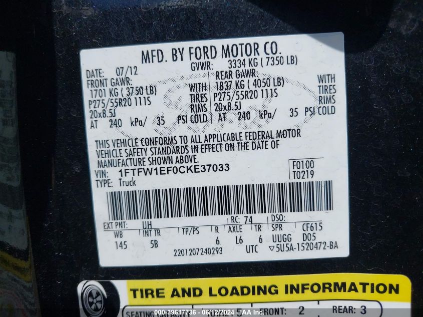 2012 Ford F-150 Fx4 VIN: 1FTFW1EF0CKE37033 Lot: 39617736