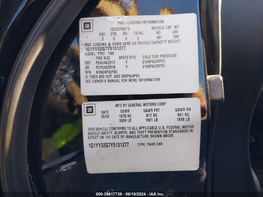 2000 Chevrolet Corvette VIN: 1G1YY32G7Y5131277 Lot: 39617739