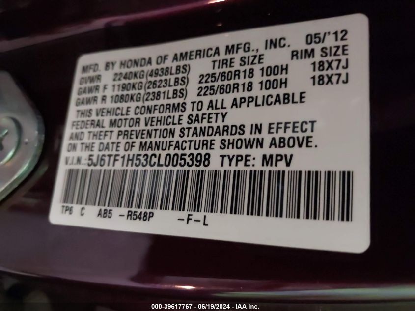 2012 Honda Crosstour Ex-L VIN: 5J6TF1H53CL005398 Lot: 39617767
