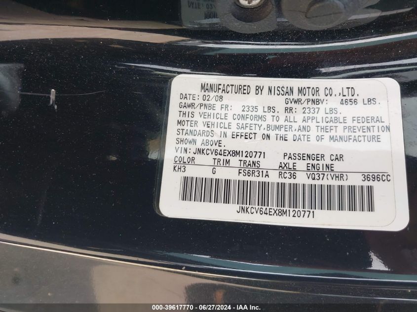 2008 Infiniti G37 Sport VIN: JNKCV64EX8M120771 Lot: 39617770