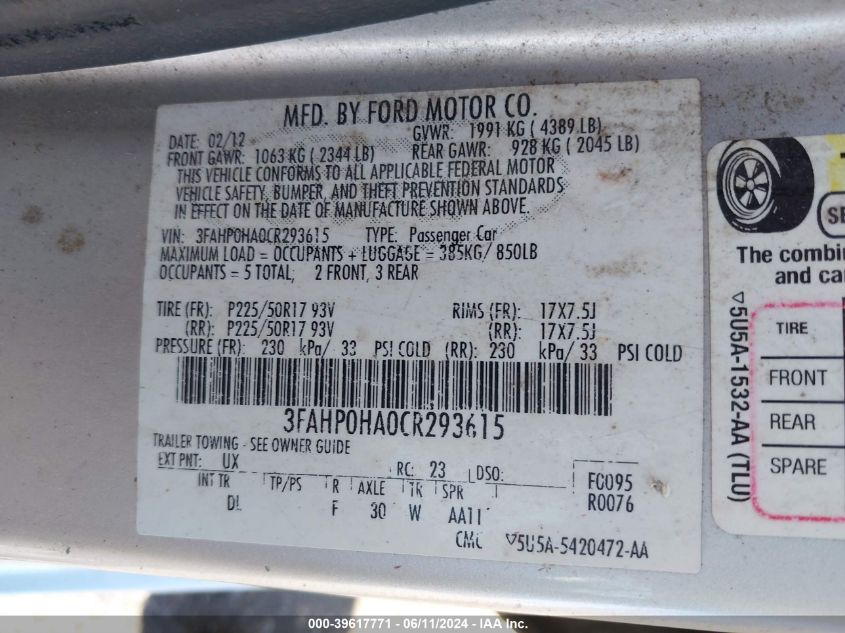 2012 Ford Fusion Se VIN: 3FAHP0HA0CR293615 Lot: 39617771